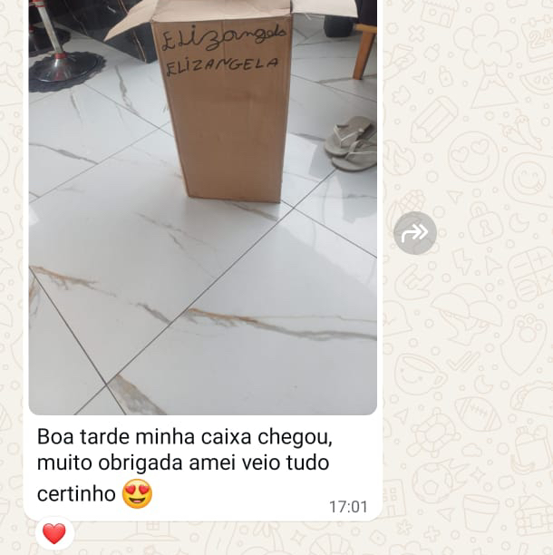 Conversa de WhatsApp de cliente satisfeita com entrega da Wander Tênis: "Boa tarde minha caixa chegou, muito obrigada amei veio tudo certinho 😍"